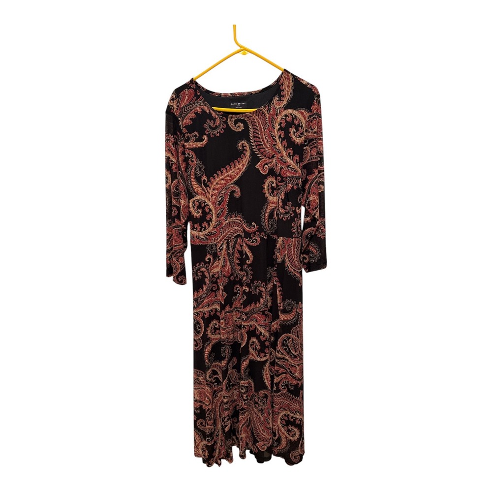 Lane Bryant Plus Size 22/24 Paisley Maxi Dress Long Sleeve Tie Black NWT